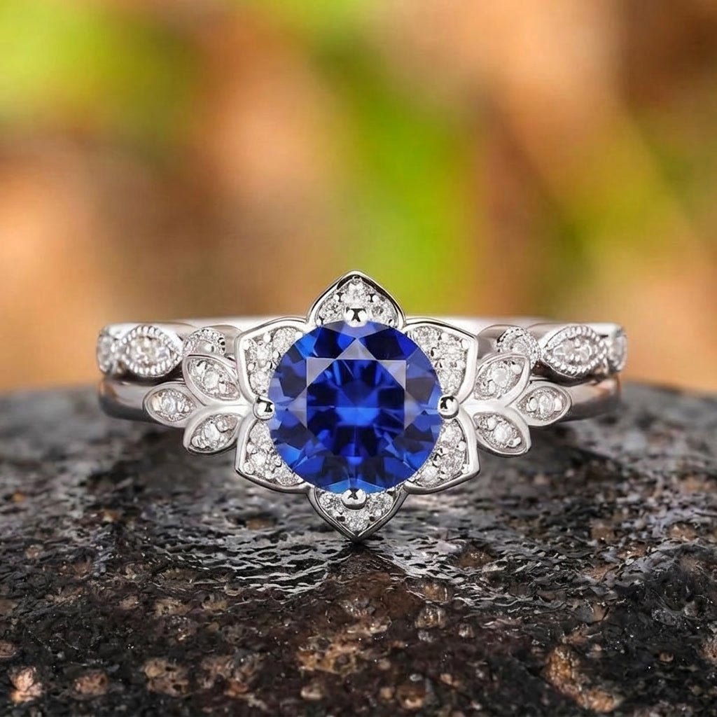 Floral Cluster Round Blue Sapphire Engagement Ring Set - anerjuly
