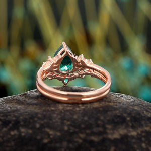 Floral Leaf Rose Gold Emerald Engagement Ring Set Unique Floral Emerald Wedding Ring - anerjuly