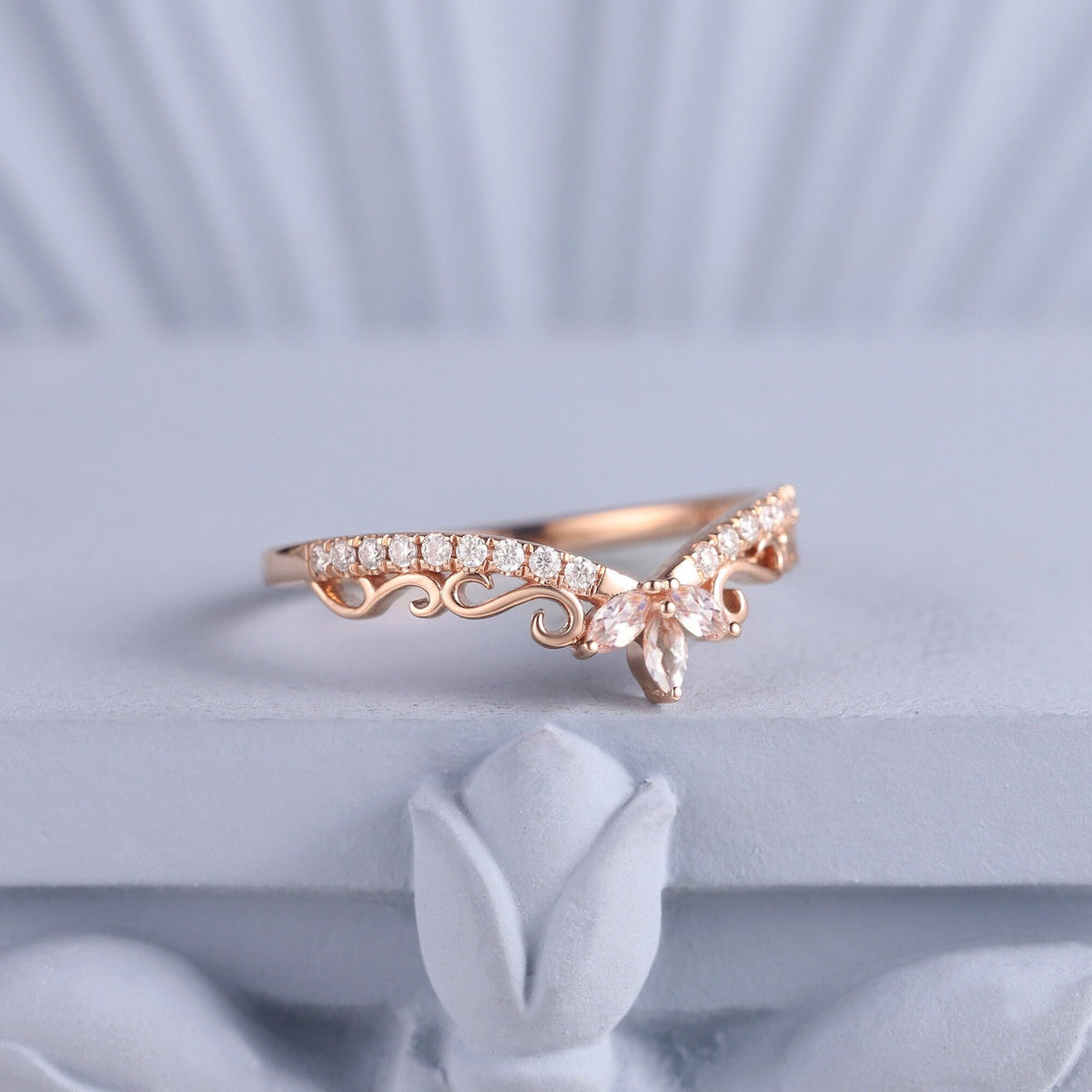 Floral Scroll Marquise White Zircon Curved Wedding Band - anerjuly