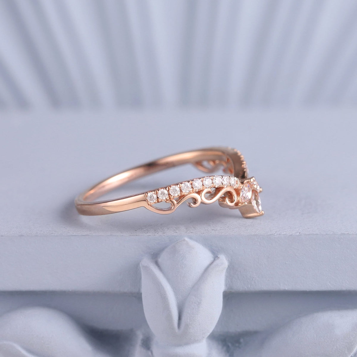 Floral Scroll Marquise White Zircon Curved Wedding Band - anerjuly