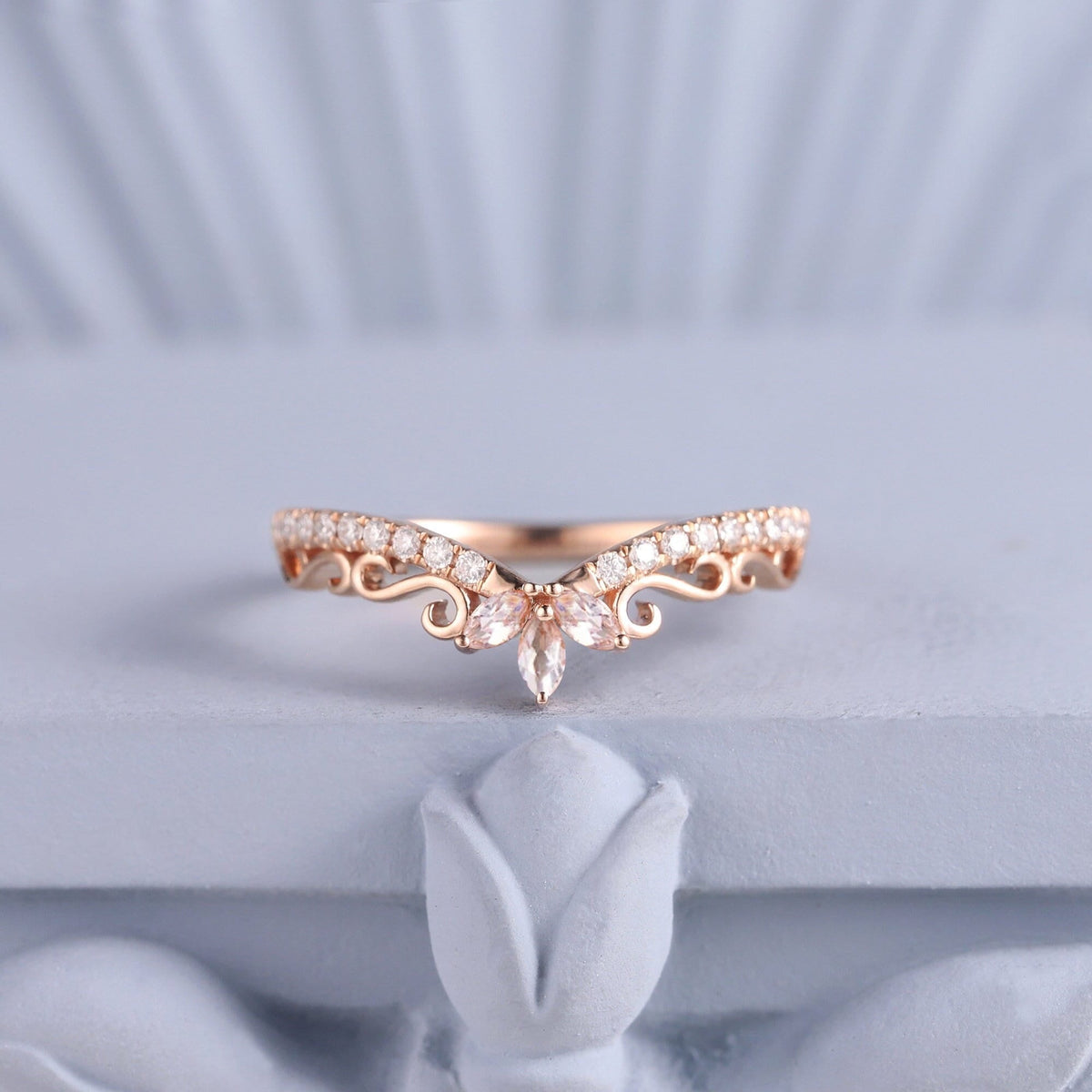 Floral Scroll Marquise White Zircon Curved Wedding Band - anerjuly