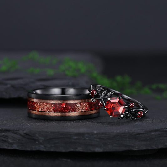 Garnet Couples Ring Set Pear Garnet Engagement Ring Set Black Gold Couple Rings Red Tungsten Wedding Band Bridal Promise Ring for Her - anerjuly