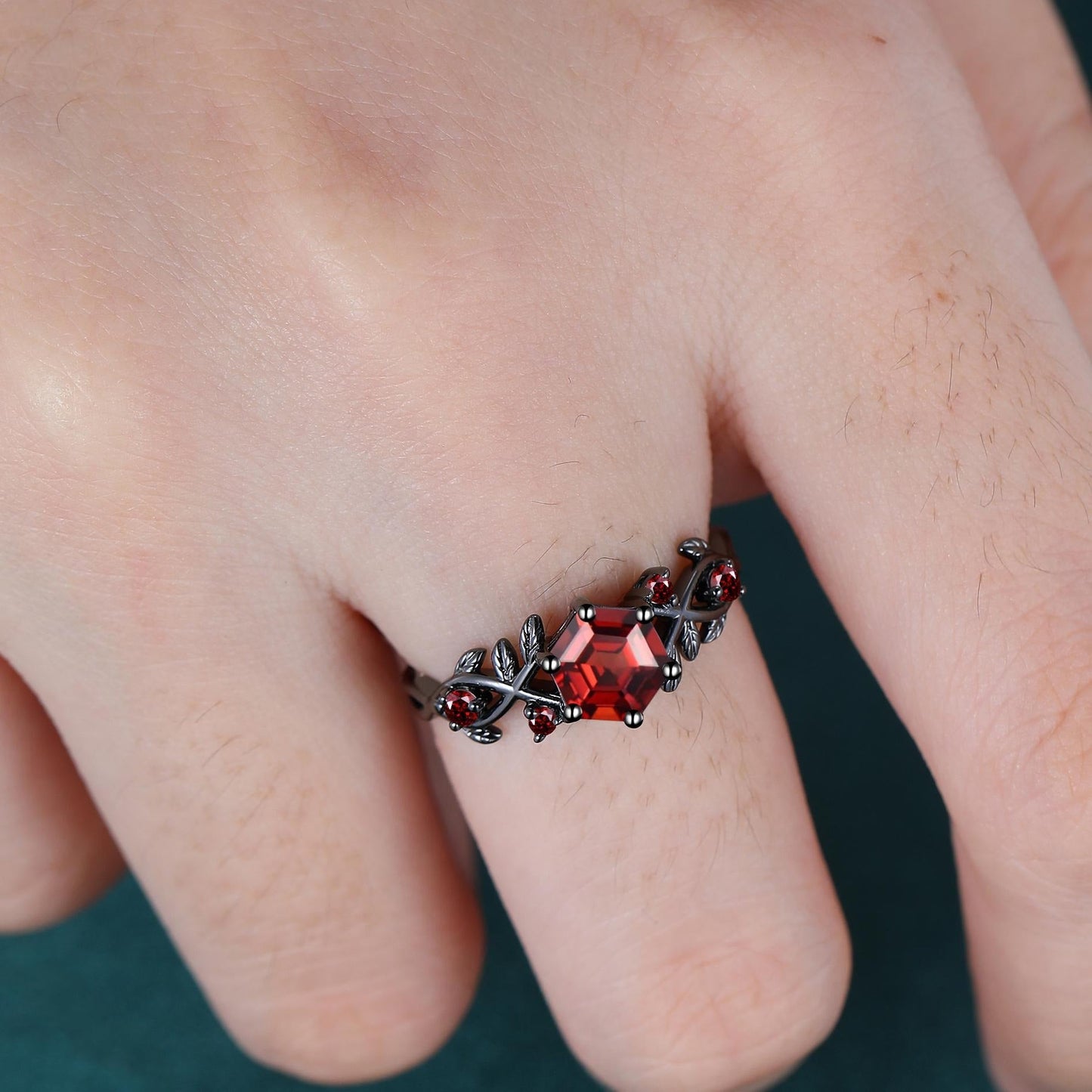 Garnet Couples Ring Set Pear Garnet Engagement Ring Set Black Gold Couple Rings Red Tungsten Wedding Band Bridal Promise Ring for Her - anerjuly