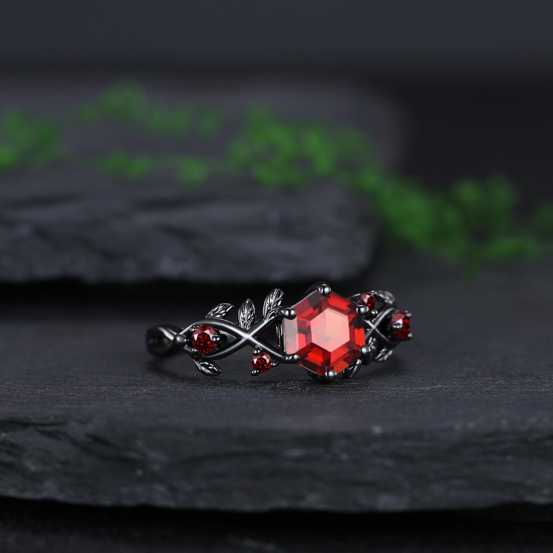 Garnet Couples Ring Set Pear Garnet Engagement Ring Set Black Gold Couple Rings Red Tungsten Wedding Band Bridal Promise Ring for Her - anerjuly