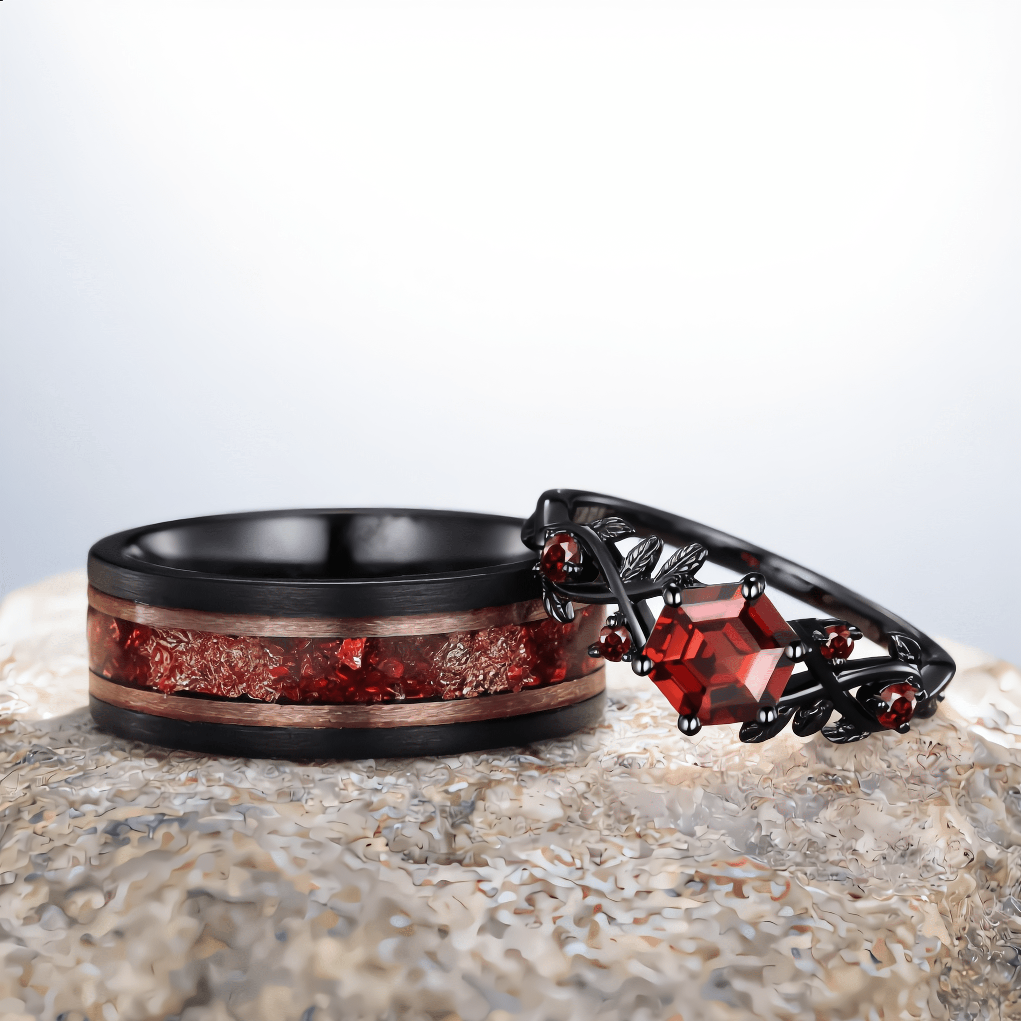 Garnet Couples Ring Set Pear Garnet Engagement Ring Set Black Gold Couple Rings Red Tungsten Wedding Band Bridal Promise Ring for Her - anerjuly
