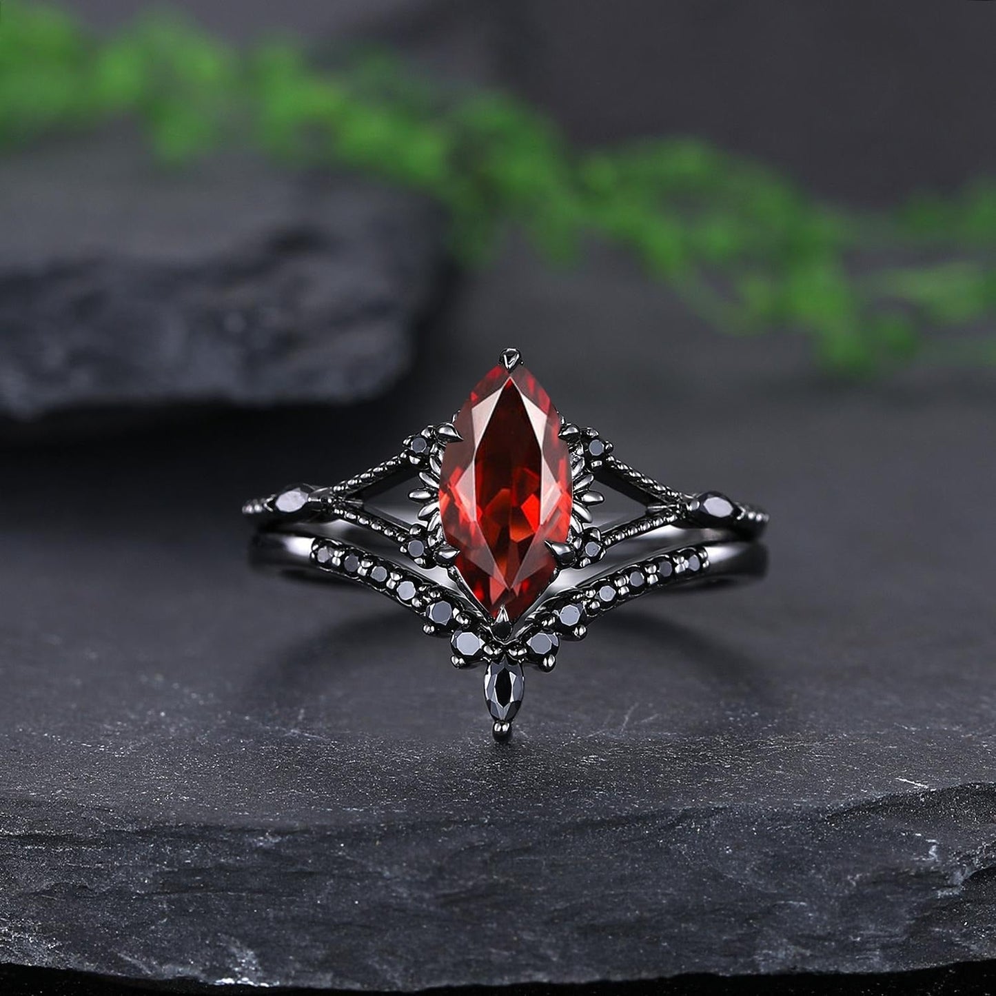 Garnet Couples Ring Set Pear Garnet Engagement Ring Set Gothic Black Gold Couple Rings Red Tungsten Wedding Band Bridal Promise Ring for Her - anerjuly