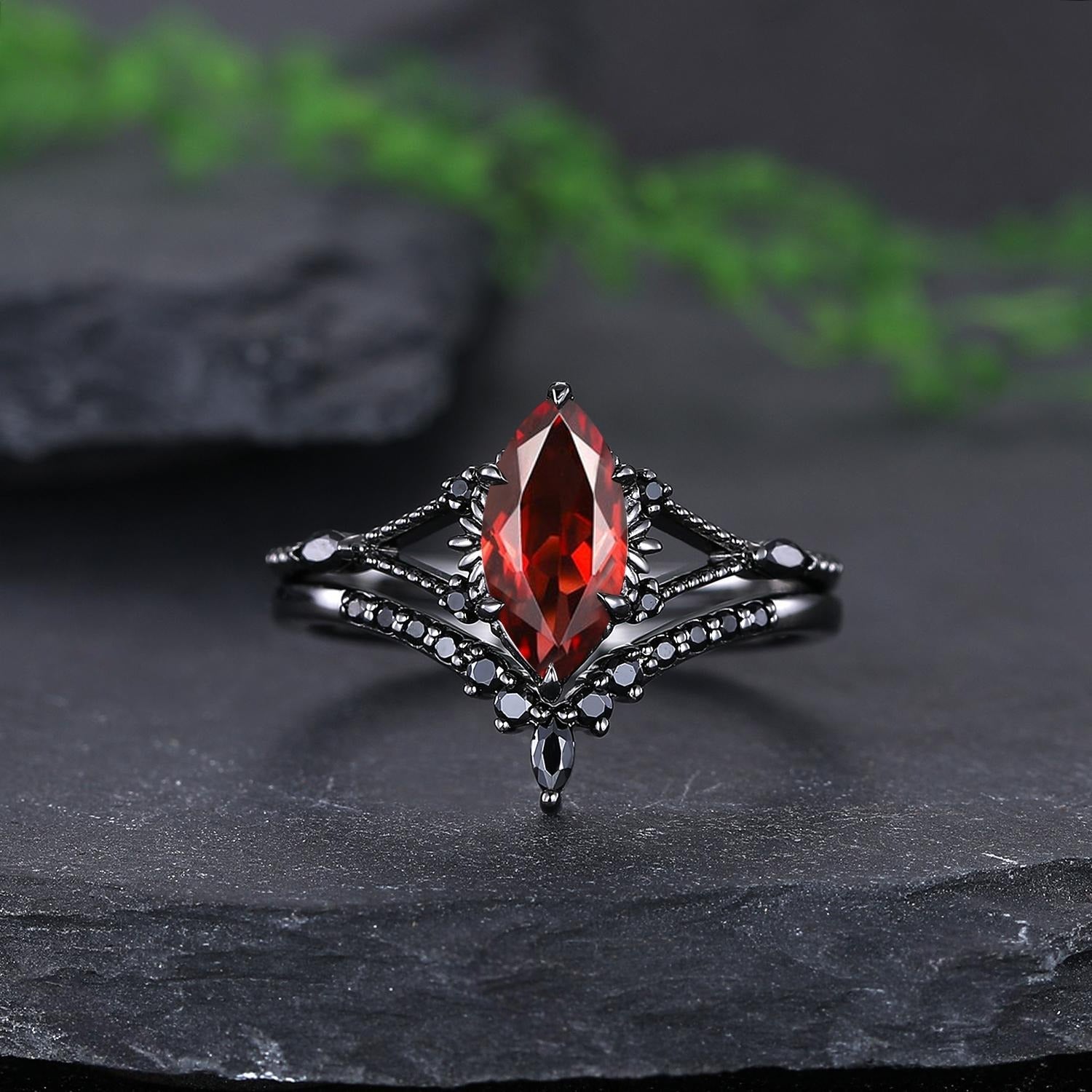 Garnet Couples Ring Set Pear Garnet Engagement Ring Set Gothic Black Gold Couple Rings Red Tungsten Wedding Band Bridal Promise Ring for Her - anerjuly