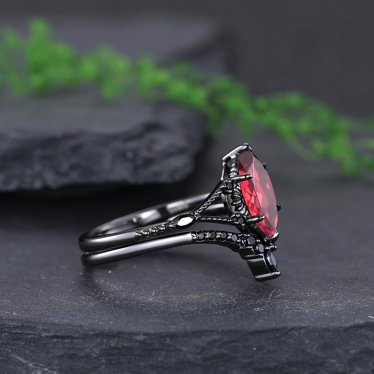 Garnet Couples Ring Set Pear Garnet Engagement Ring Set Gothic Black Gold Couple Rings Red Tungsten Wedding Band Bridal Promise Ring for Her - anerjuly