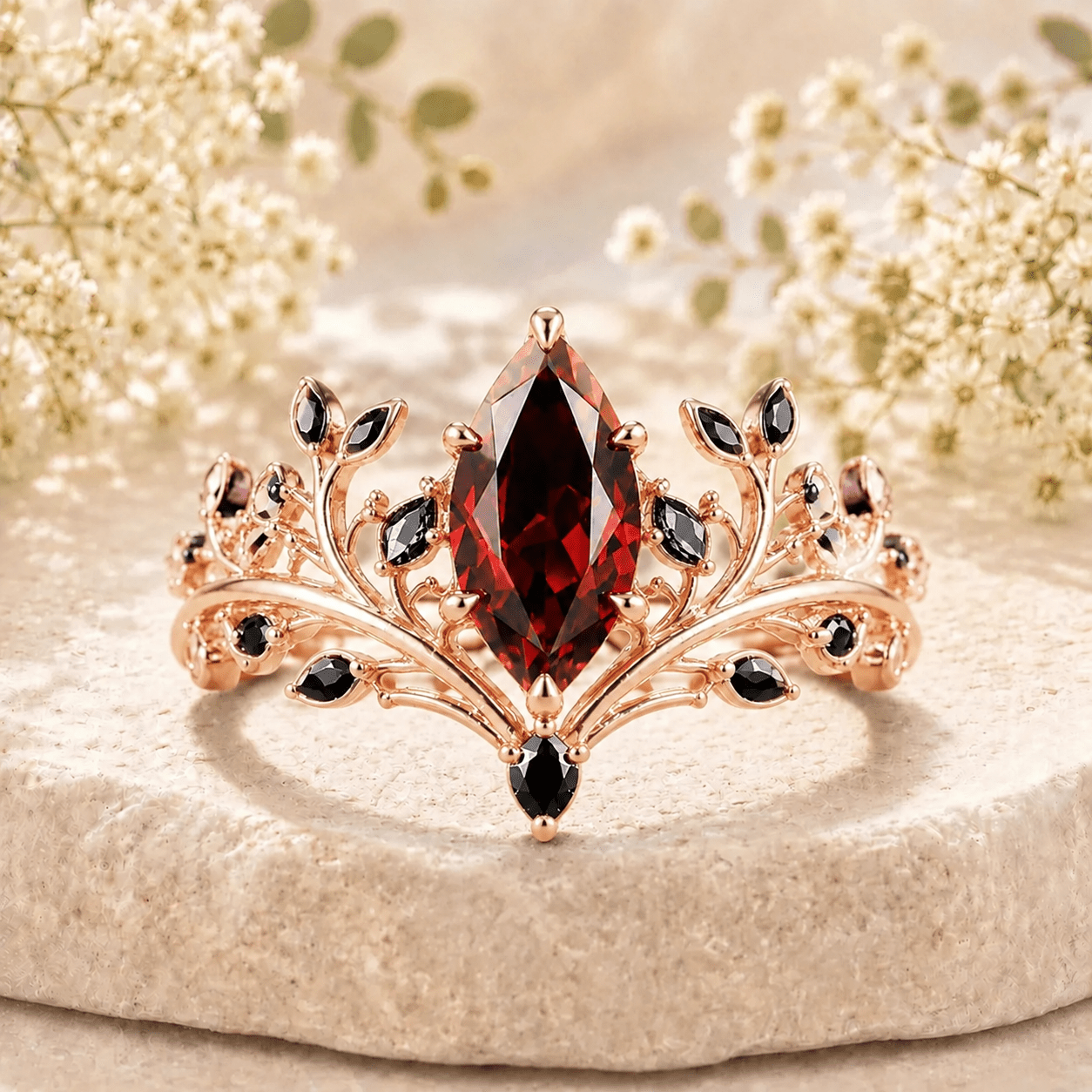 Garnet Couples Ring Set Pear Garnet Engagement Ring Set Gothic Black Gold Couple Rings Red Tungsten Wedding Band Bridal Promise Ring for Her - anerjuly