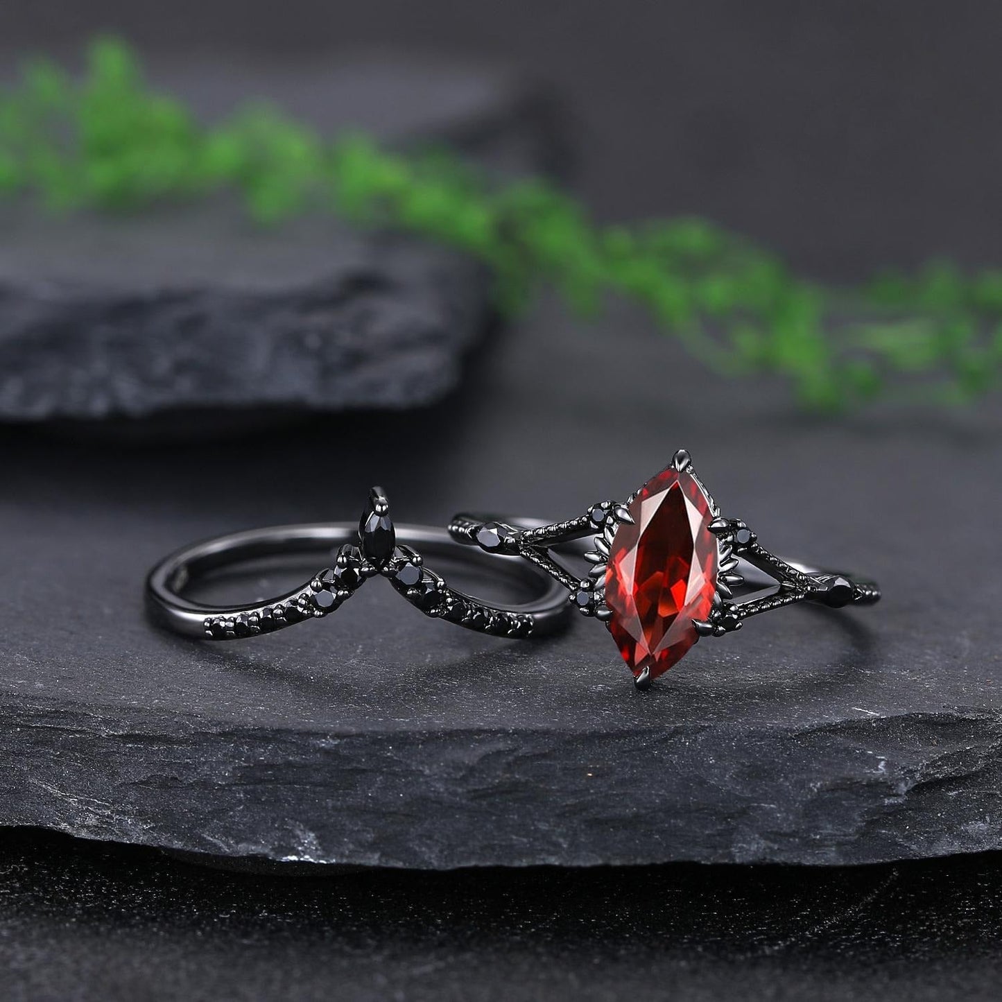 Garnet Couples Ring Set Pear Garnet Engagement Ring Set Gothic Black Gold Couple Rings Red Tungsten Wedding Band Bridal Promise Ring for Her - anerjuly
