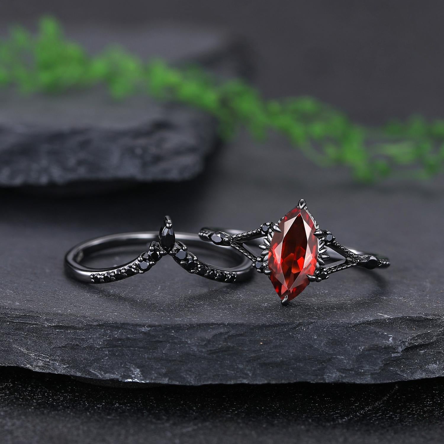 Garnet Couples Ring Set Pear Garnet Engagement Ring Set Gothic Black Gold Couple Rings Red Tungsten Wedding Band Bridal Promise Ring for Her - anerjuly