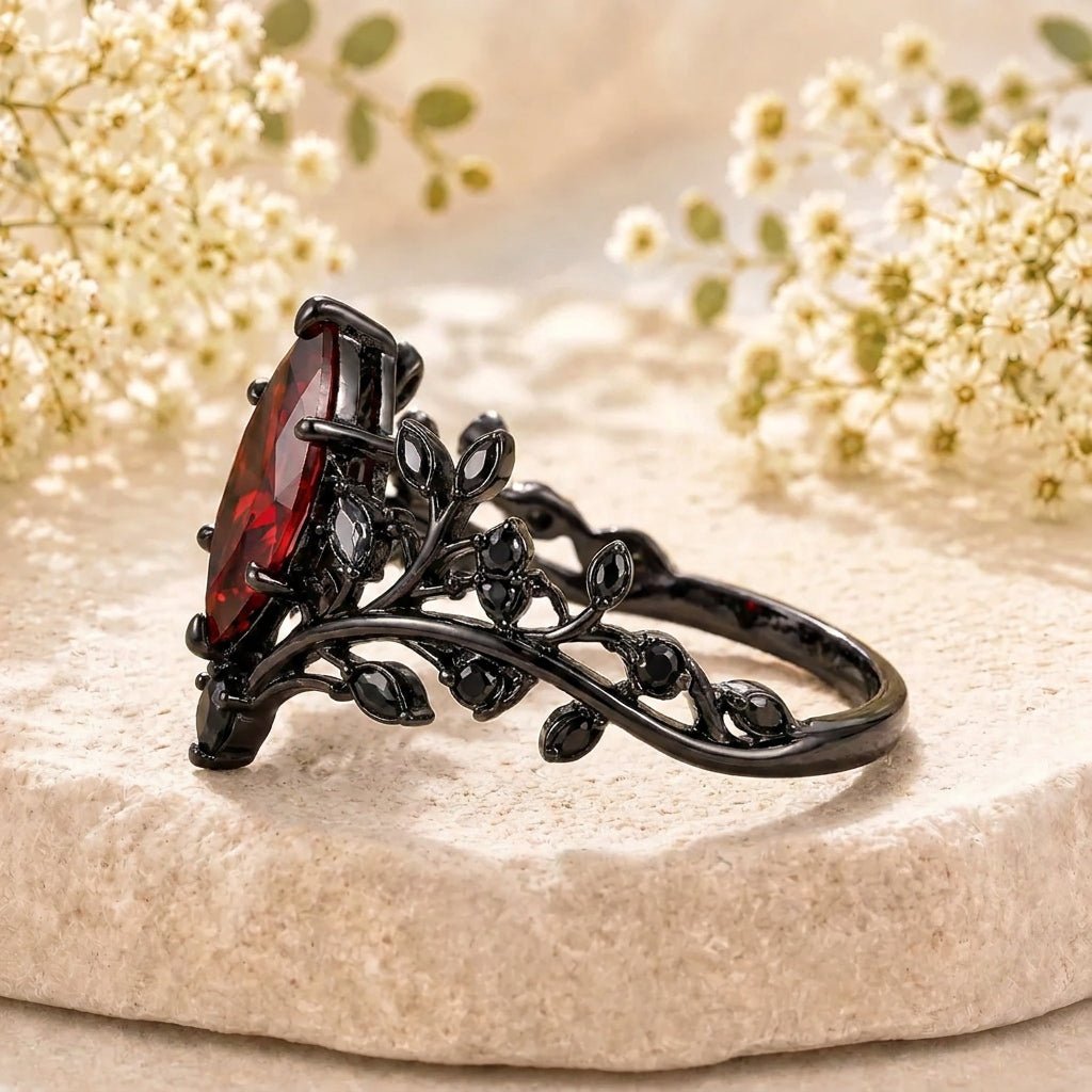 Garnet Couples Ring Set Pear Garnet Engagement Ring Set Gothic Black Gold Couple Rings Red Tungsten Wedding Band Bridal Promise Ring for Her - anerjuly