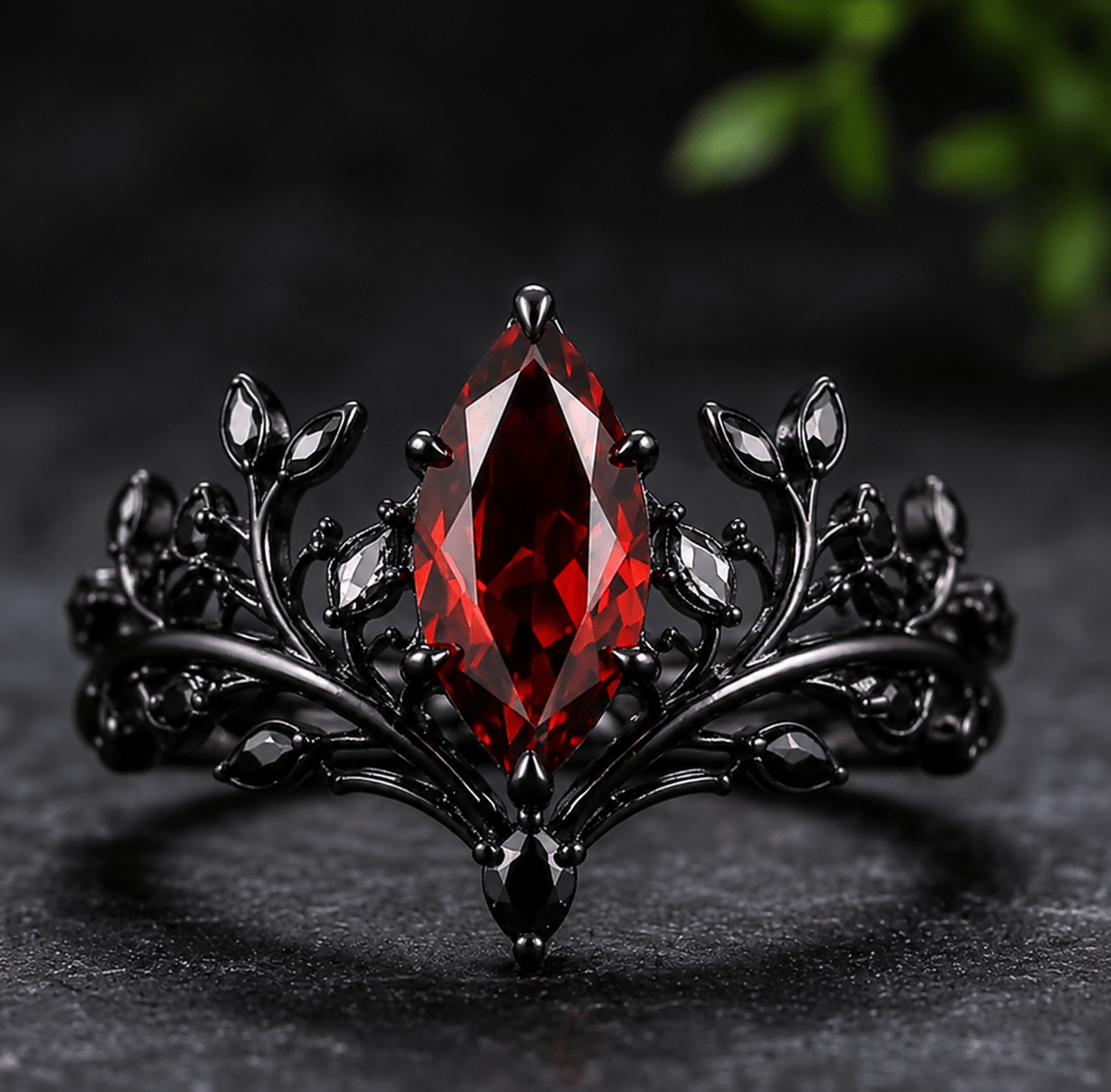 Garnet Couples Ring Set Pear Garnet Engagement Ring Set Gothic Black Gold Couple Rings Red Tungsten Wedding Band Bridal Promise Ring for Her - anerjuly