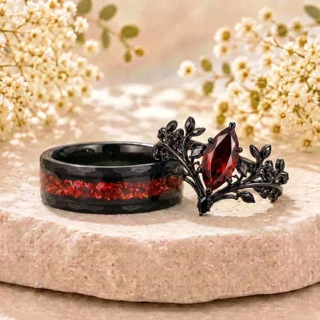 Garnet Couples Ring Set Pear Garnet Engagement Ring Set Gothic Black Gold Couple Rings Red Tungsten Wedding Band Bridal Promise Ring for Her - anerjuly