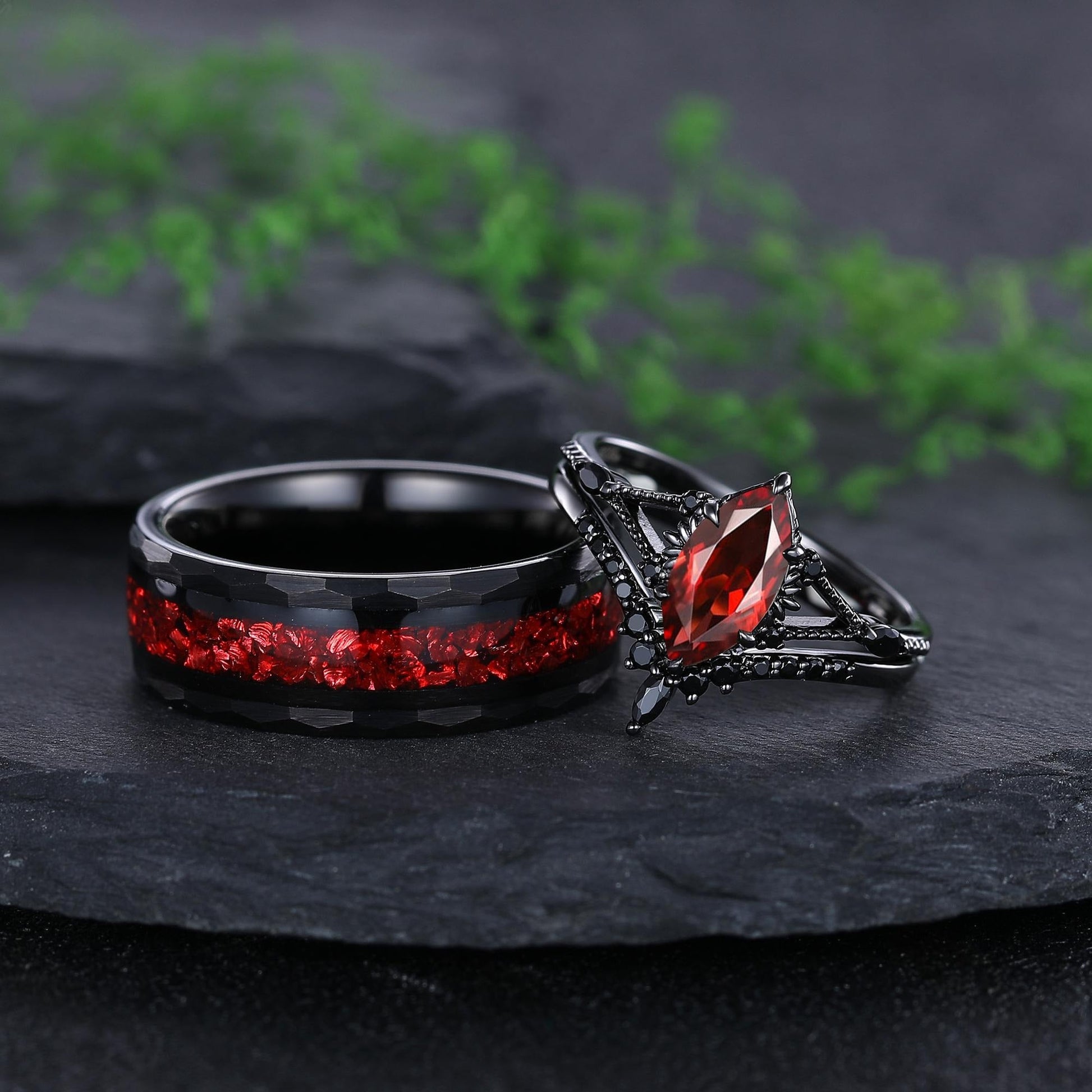 Garnet Couples Ring Set Pear Garnet Engagement Ring Set Gothic Black Gold Couple Rings Red Tungsten Wedding Band Bridal Promise Ring for Her - anerjuly