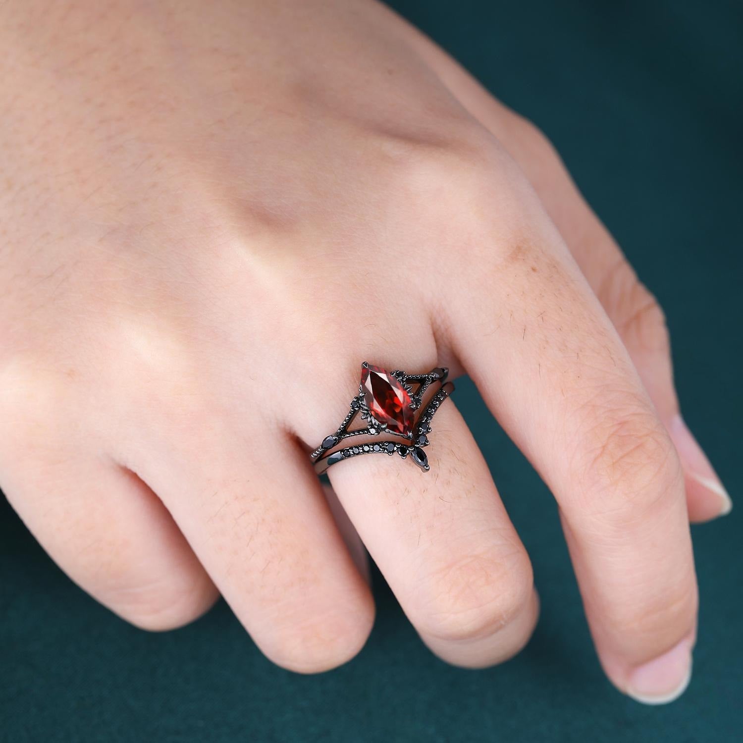 Garnet Couples Ring Set Pear Garnet Engagement Ring Set Gothic Black Gold Couple Rings Red Tungsten Wedding Band Bridal Promise Ring for Her - anerjuly