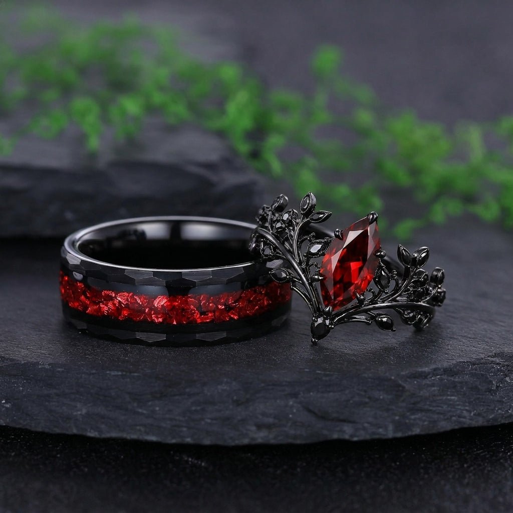 Garnet Couples Ring Set Pear Garnet Engagement Ring Set Gothic Black Gold Couple Rings Red Tungsten Wedding Band Bridal Promise Ring for Her - anerjuly