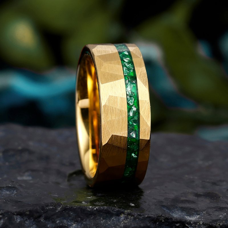 Gold Hammered Tungsten Wedding Ring with Crushed Green Emerald, 8mm Tungsten Carbide Promise Ring for Men - anerjuly