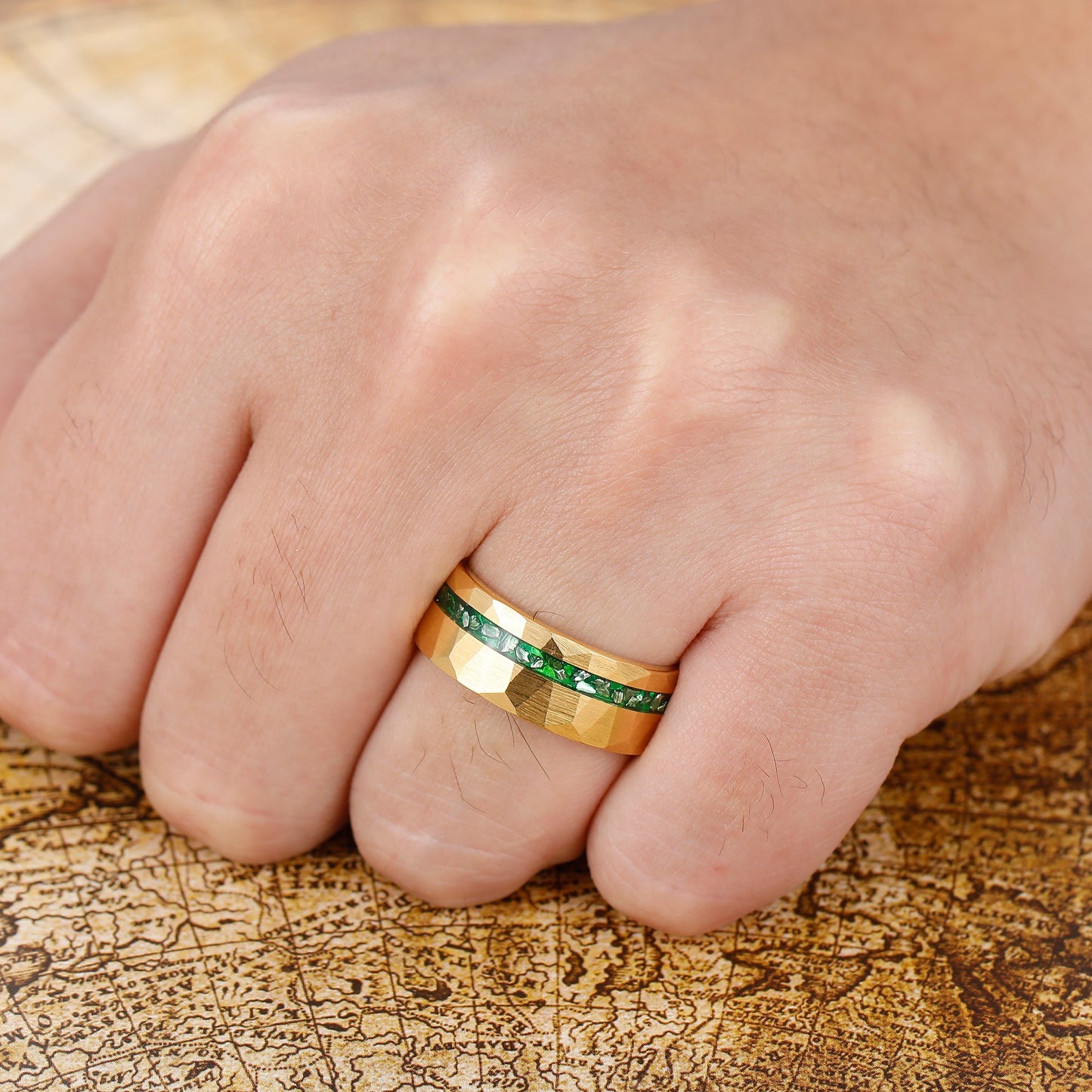 Gold Hammered Tungsten Wedding Ring with Crushed Green Emerald, 8mm Tungsten Carbide Promise Ring for Men - anerjuly