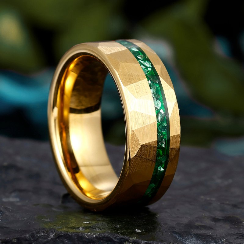 Gold Hammered Tungsten Wedding Ring with Crushed Green Emerald, 8mm Tungsten Carbide Promise Ring for Men - anerjuly