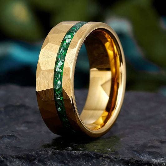 Gold Hammered Tungsten Wedding Ring with Crushed Green Emerald, 8mm Tungsten Carbide Promise Ring for Men - anerjuly