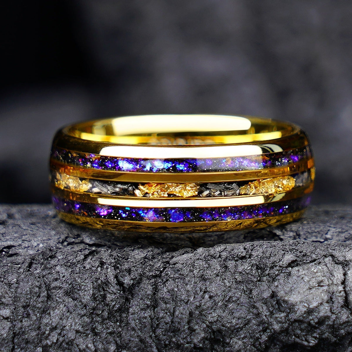 Gold Tungsten Ring with Purple Nebula & Gold Foil Inlay - anerjuly