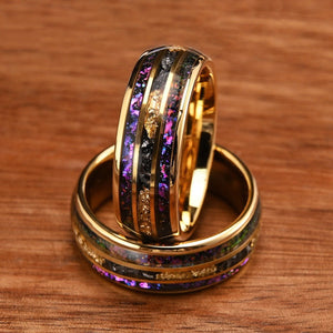 Gold Tungsten Ring with Purple Nebula & Gold Foil Inlay - anerjuly