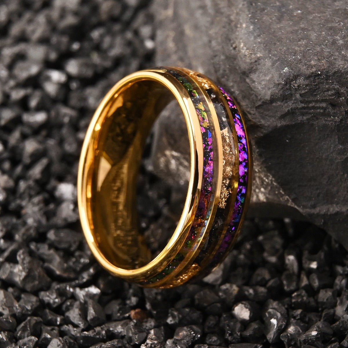 His Ring - Gold Tungsten Ring with Purple Nebula & Gold Foil Inlay
