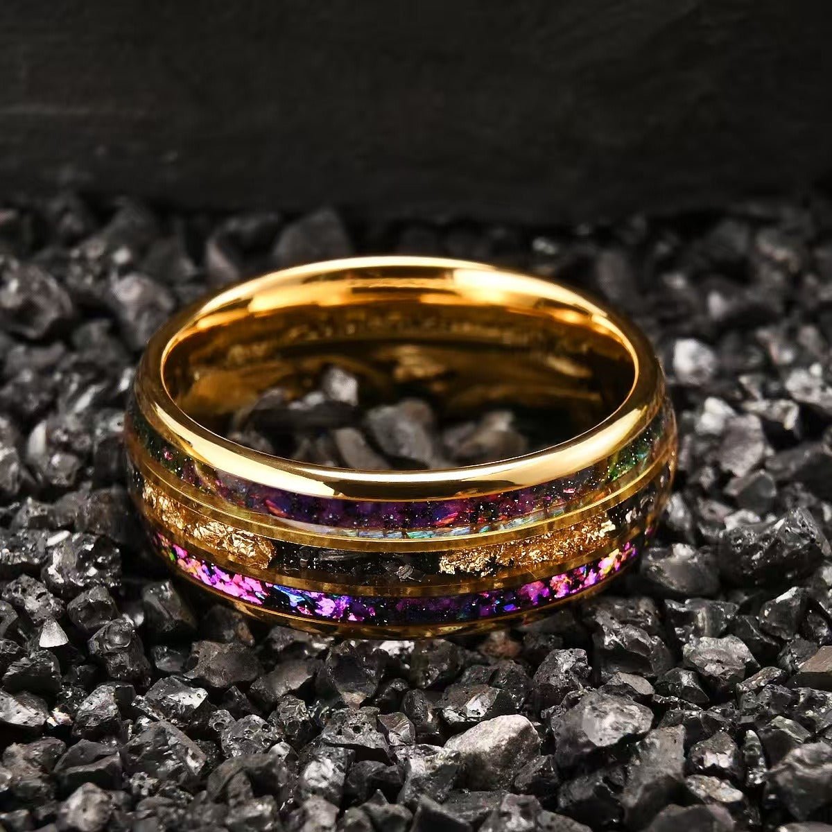His Ring - Gold Tungsten Ring with Purple Nebula & Gold Foil Inlay
