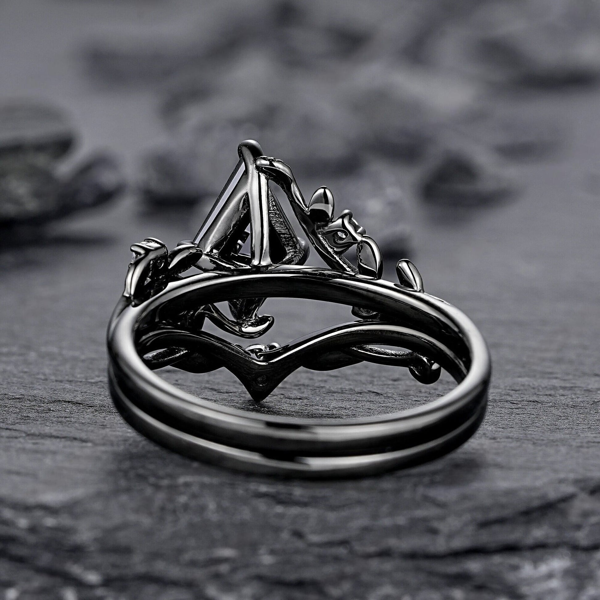 Gothic Black Gold Kite Cut Black Onyx Leaf Engagement Ring, Nature Inspired Twig Branch Promise Ring, Black Rhodium Wedding Ring Gift - anerjuly