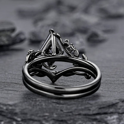 Gothic Black Gold Kite Cut Black Onyx Leaf Engagement Ring, Nature Inspired Twig Branch Promise Ring, Black Rhodium Wedding Ring Gift - anerjuly