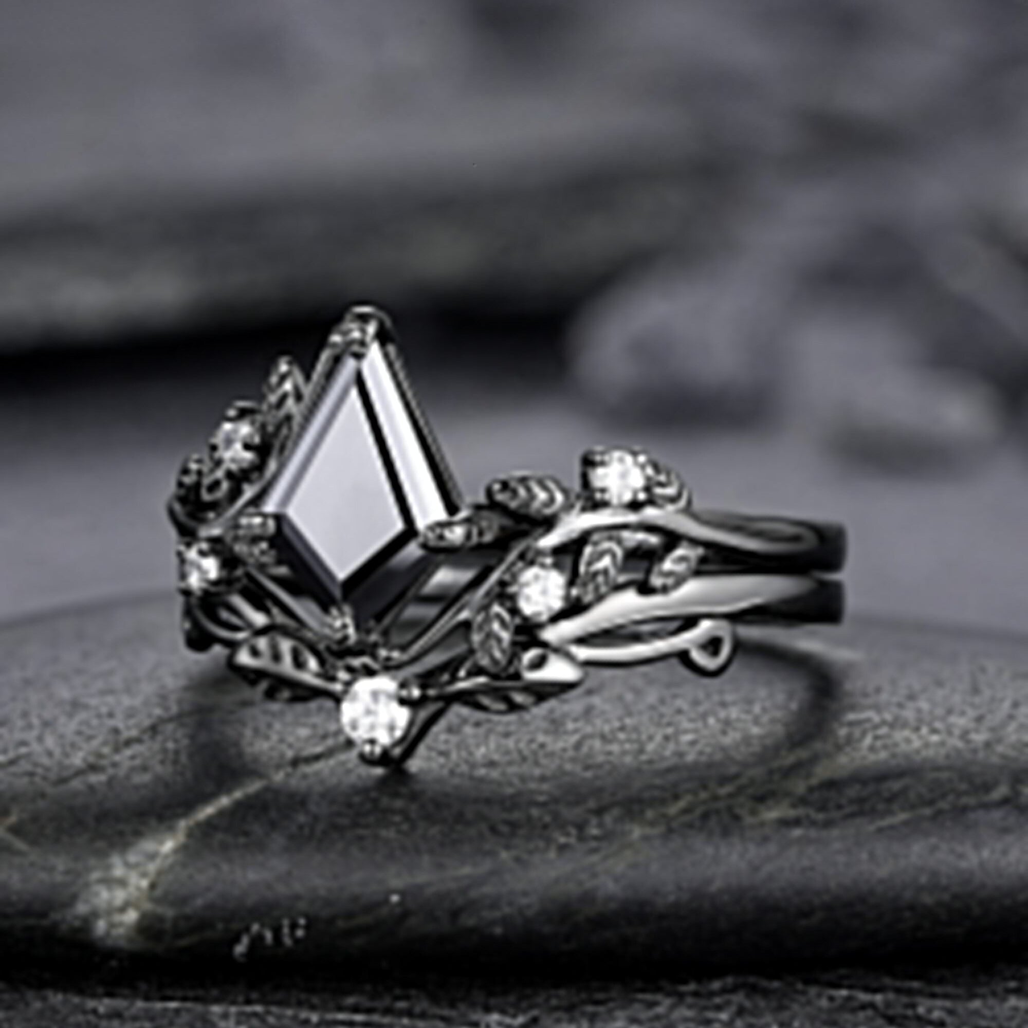 Gothic Black Gold Kite Cut Black Onyx Leaf Engagement Ring, Nature Inspired Twig Branch Promise Ring, Black Rhodium Wedding Ring Gift - anerjuly
