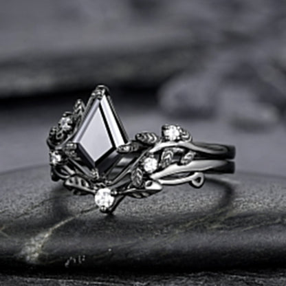 Gothic Black Gold Kite Cut Black Onyx Leaf Engagement Ring, Nature Inspired Twig Branch Promise Ring, Black Rhodium Wedding Ring Gift - anerjuly