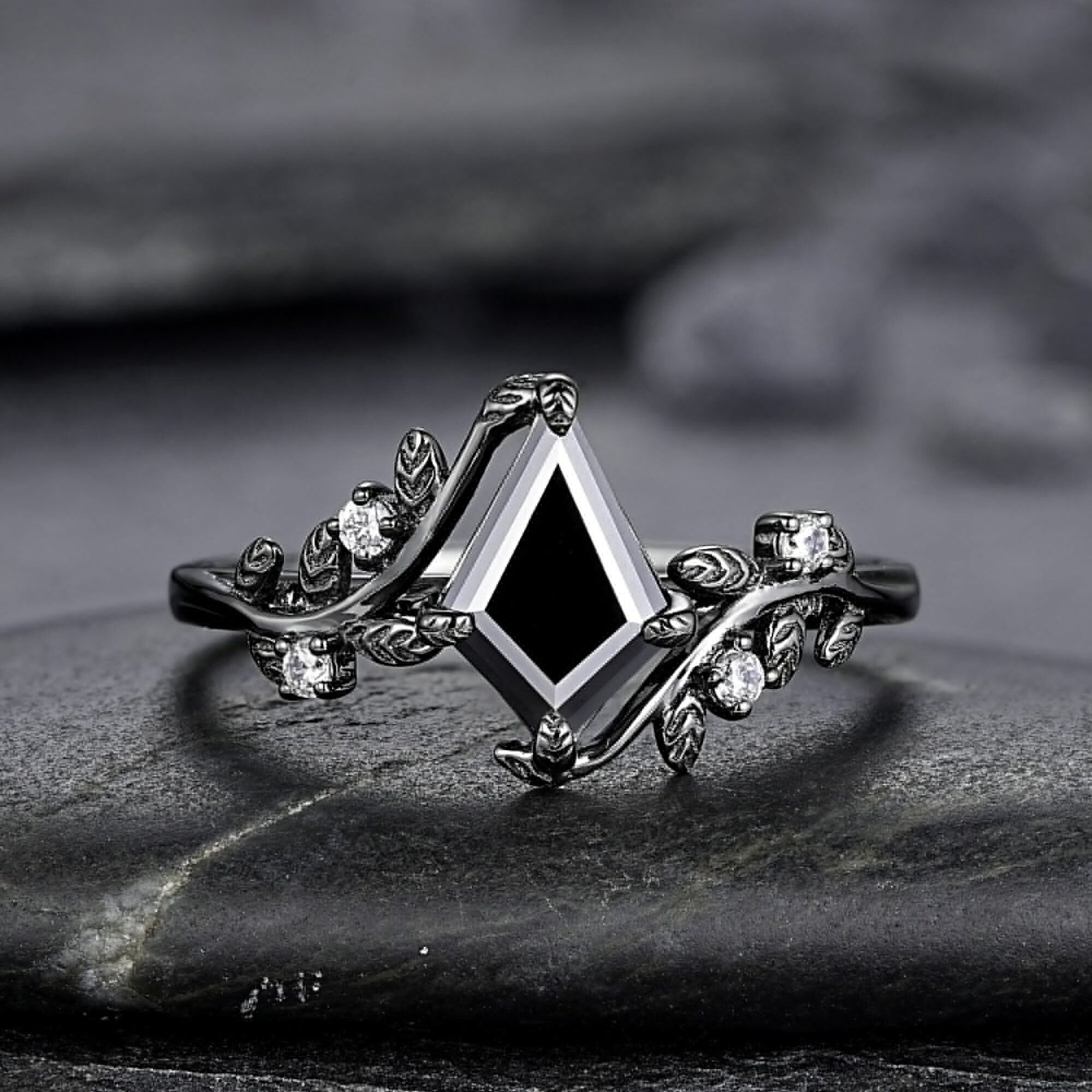 Gothic Black Gold Kite Cut Black Onyx Leaf Engagement Ring, Nature Inspired Twig Branch Promise Ring, Black Rhodium Wedding Ring Gift - anerjuly