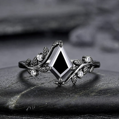 Gothic Black Gold Kite Cut Black Onyx Leaf Engagement Ring, Nature Inspired Twig Branch Promise Ring, Black Rhodium Wedding Ring Gift - anerjuly