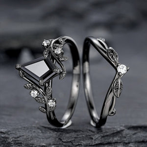 Gothic Black Gold Kite Cut Black Onyx Leaf Engagement Ring, Nature Inspired Twig Branch Promise Ring, Black Rhodium Wedding Ring Gift - anerjuly
