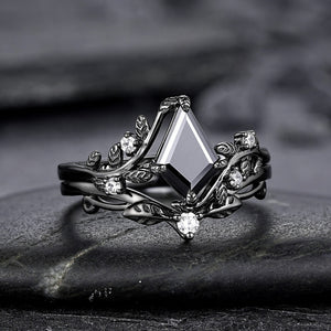 Gothic Black Gold Kite Cut Black Onyx Leaf Engagement Ring, Nature Inspired Twig Branch Promise Ring, Black Rhodium Wedding Ring Gift - anerjuly
