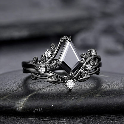 Gothic Black Gold Kite Cut Black Onyx Leaf Engagement Ring, Nature Inspired Twig Branch Promise Ring, Black Rhodium Wedding Ring Gift - anerjuly