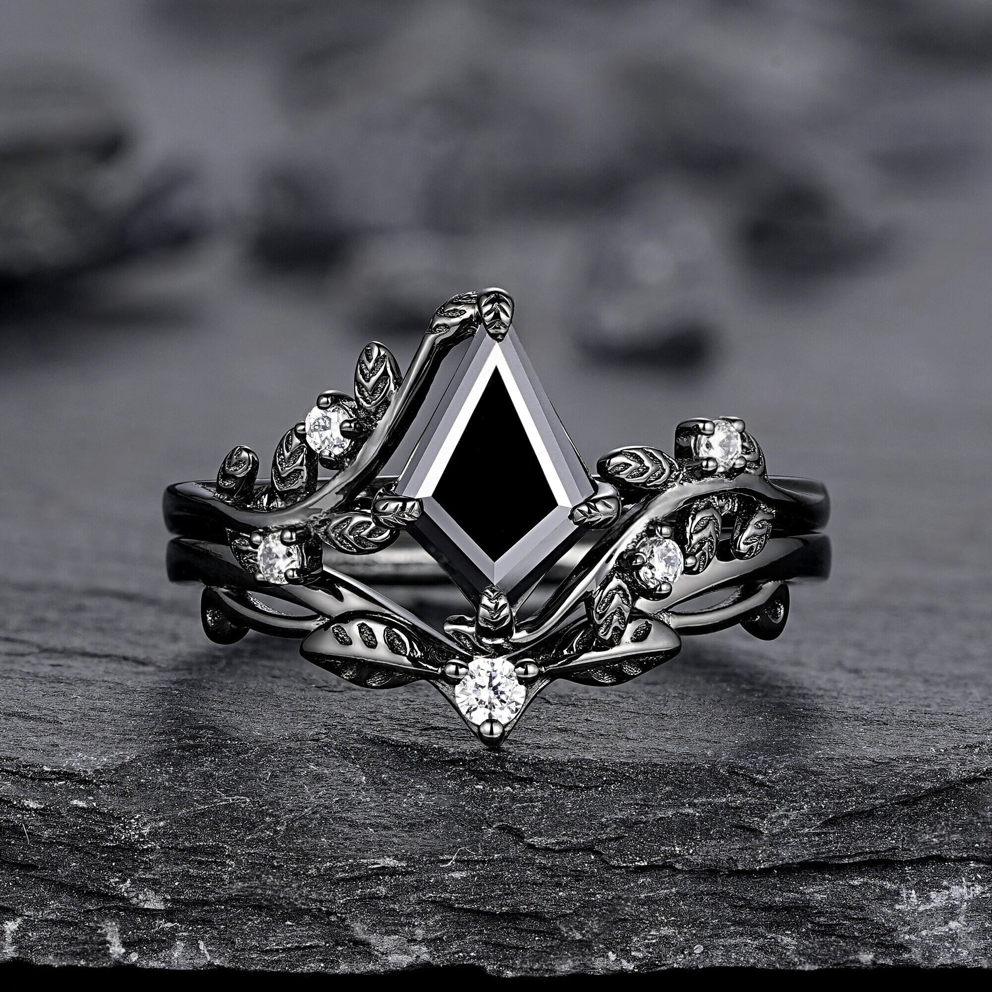 Gothic Black Gold Kite Cut Black Onyx Leaf Engagement Ring, Nature Inspired Twig Branch Promise Ring, Black Rhodium Wedding Ring Gift - anerjuly