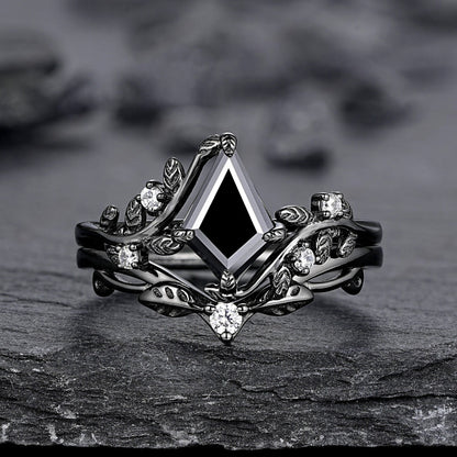 Gothic Black Gold Kite Cut Black Onyx Leaf Engagement Ring, Nature Inspired Twig Branch Promise Ring, Black Rhodium Wedding Ring Gift - anerjuly