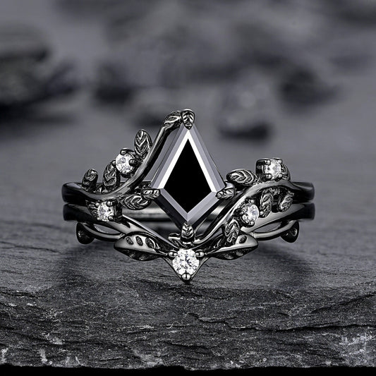 Gothic Black Gold Kite Cut Black Onyx Leaf Engagement Ring, Nature Inspired Twig Branch Promise Ring, Black Rhodium Wedding Ring Gift - anerjuly
