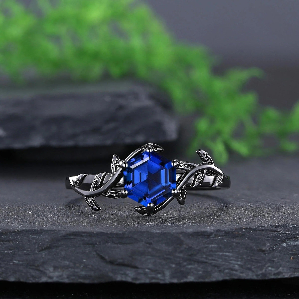 Gothic Black Gold Leaf Octagon Blue Sapphire Engagement Ring - anerjuly