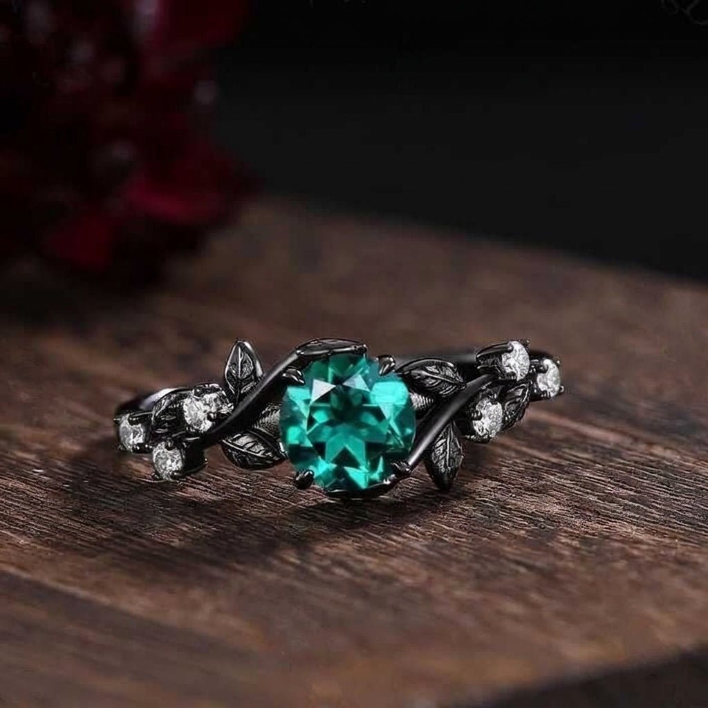 Gothic Black Gold Leaf Round Green Emerald Engagement Ring - anerjuly