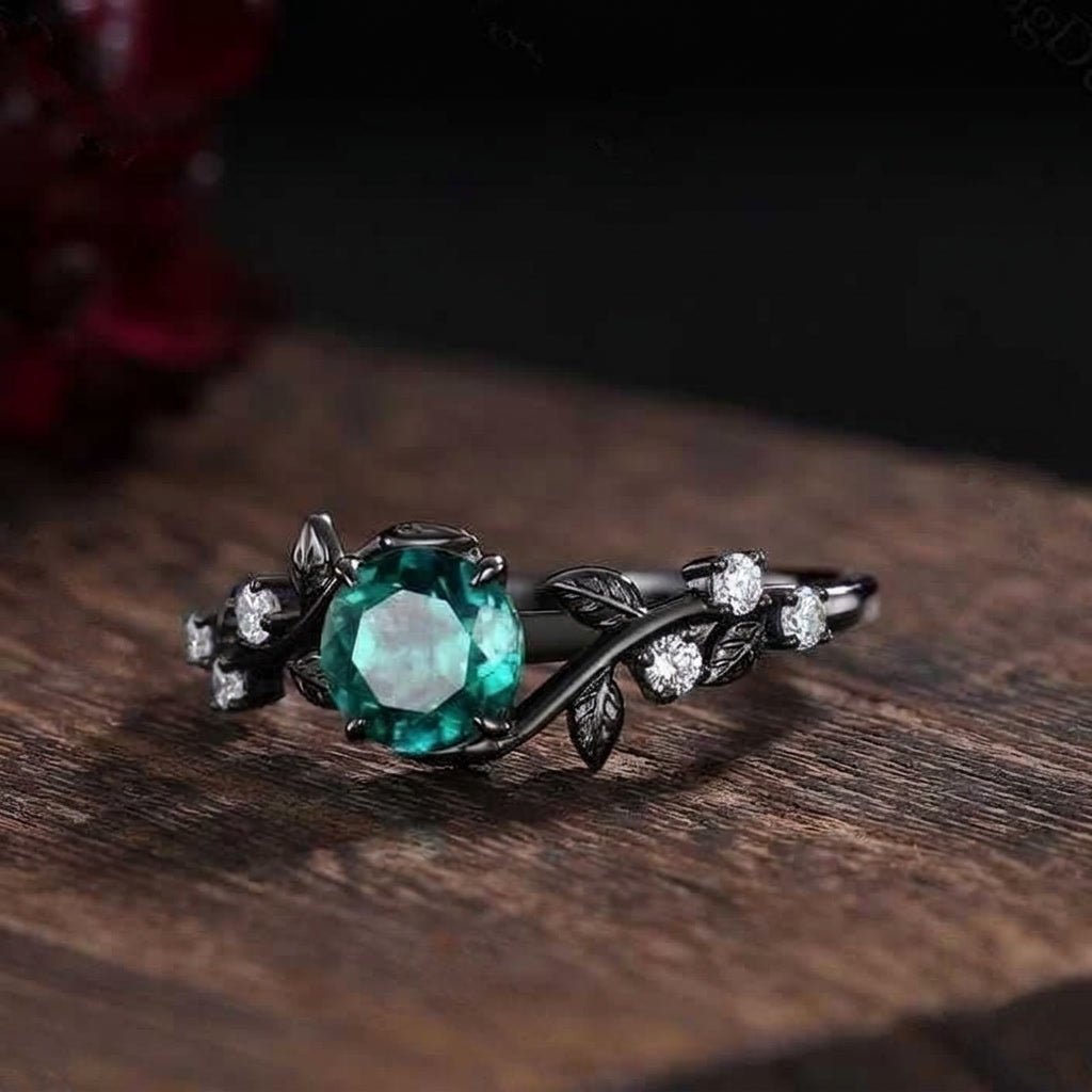 Gothic Black Gold Leaf Round Green Emerald Engagement Ring - anerjuly