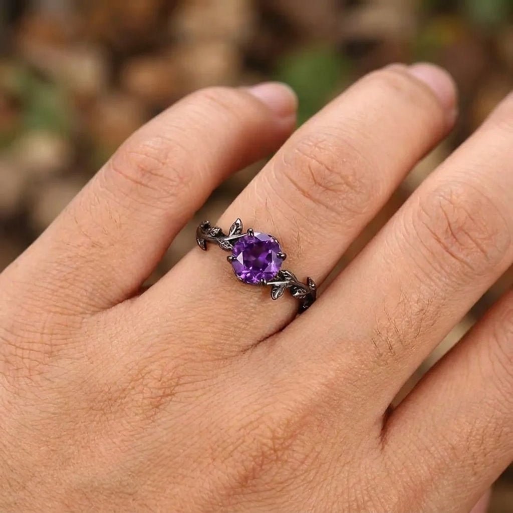 Gothic Black Gold Twisted Vine Round Amethyst Engagement Ring - anerjuly