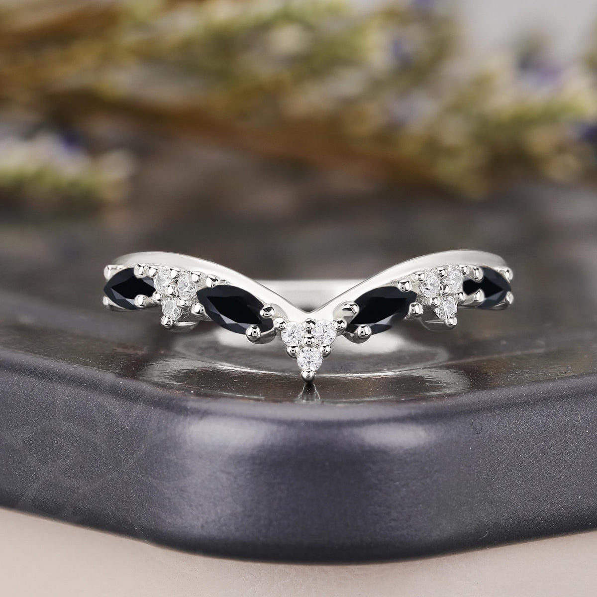 Gothic Black Onyx Marquise Curved Wedding Band - anerjuly