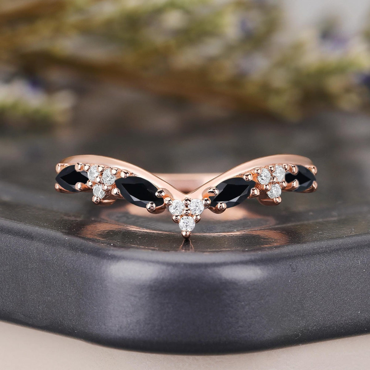 Gothic Black Onyx Marquise Curved Wedding Band - anerjuly