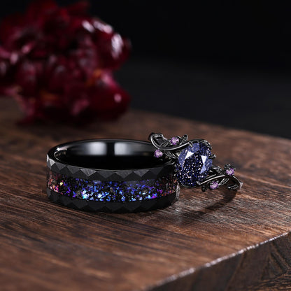 Gothic Blue Sandstone Couple Rings His&Her Matching Wedding Band Amethyst Engagement Ring Unique Black Gold Art Deco Twig Vine Leaf Ring - anerjuly