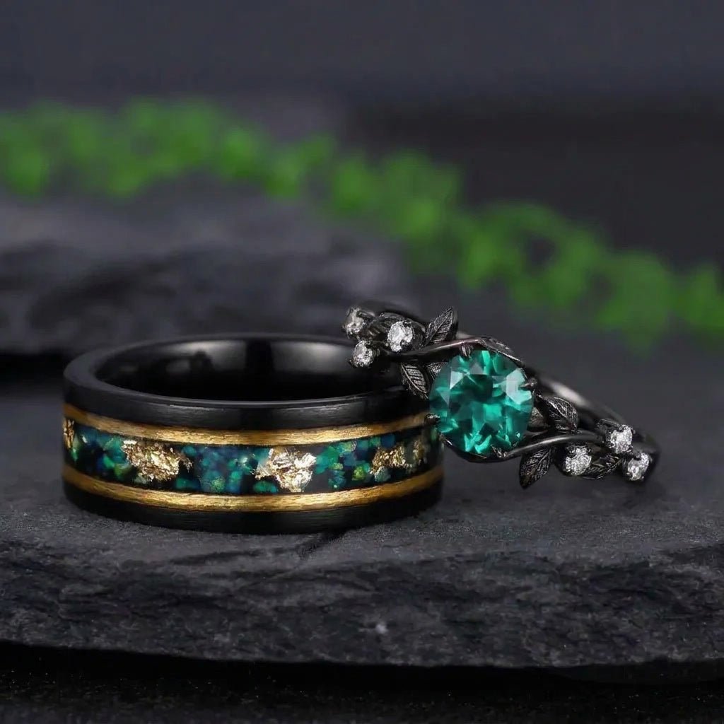 Gothic Leaf Emerald & Tungsten Couple Ring Set - anerjuly