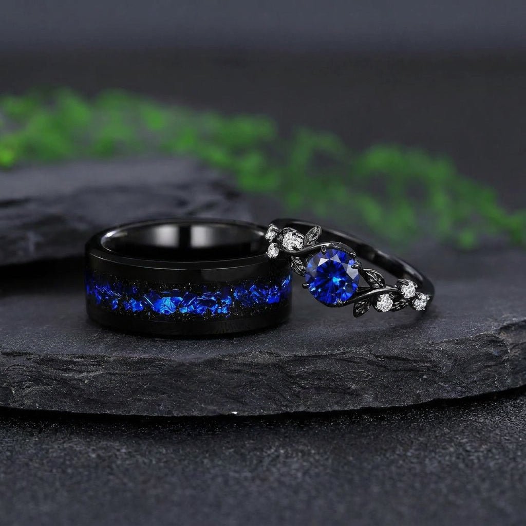 Gothic Leaf Sapphire & Tungsten Couple Ring Set - anerjuly